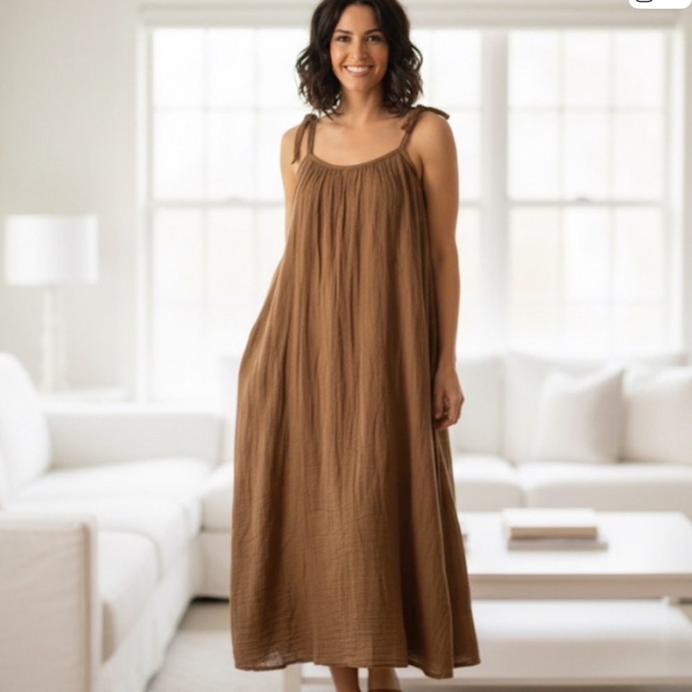 Xirena Cotton Double Gauze Brown Trapeze Tie Strap maxi Dress with Pockets M